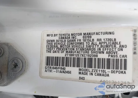 1999 Toyota Corolla Ce z USA, uszkodzony, nr VIN 2T1BR12E7XC192398